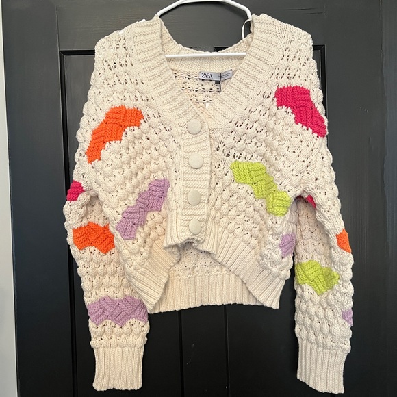 Zara Sweaters - Zara Cream and Orange Cardigan with Playful Accents